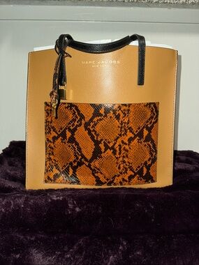 Marc Jacobs Two-Tone Tan Tote with Black Handles and Orange Snake Pocket
